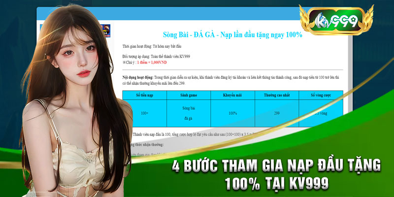 4 Bước tham gia nạp đầu tặng 100% tại kv999 đơn giản